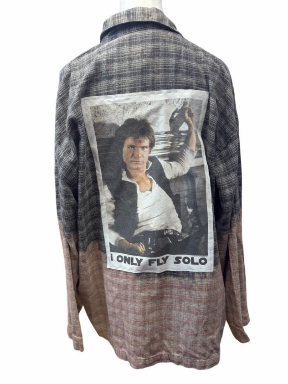 Hans Solo star wars upcycled custom flannel shirt graphic tee on back bespoke